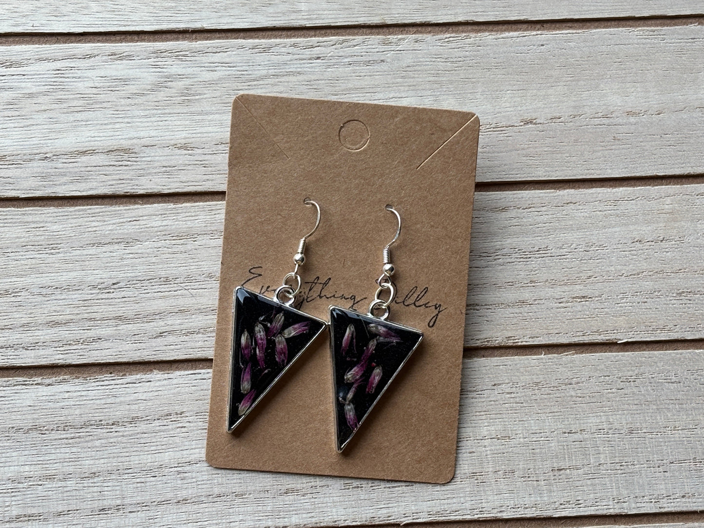 Purple patterned triangle drop earrings with silver hooks