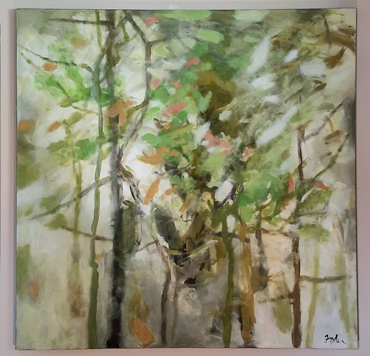 Abstract forest tree painting with green and brown brushstrokes in a frame