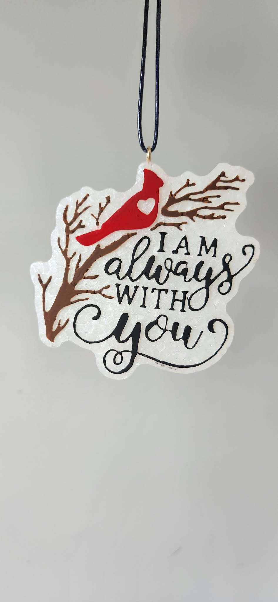 Hanging heart ornament with red heart and text 'I am always with you'