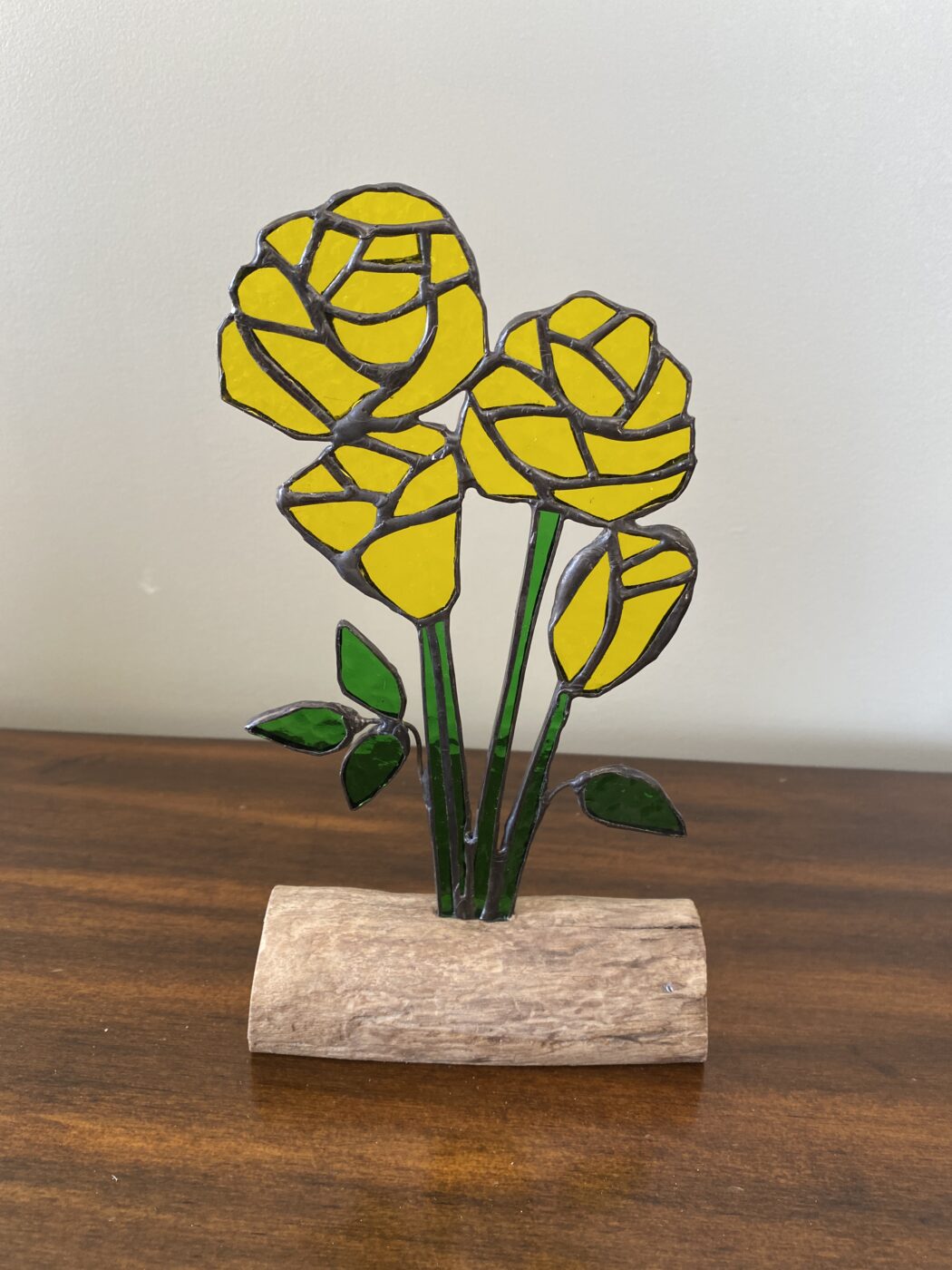Staines Glass Roses Inlaid on Driftwood Base - Yellow