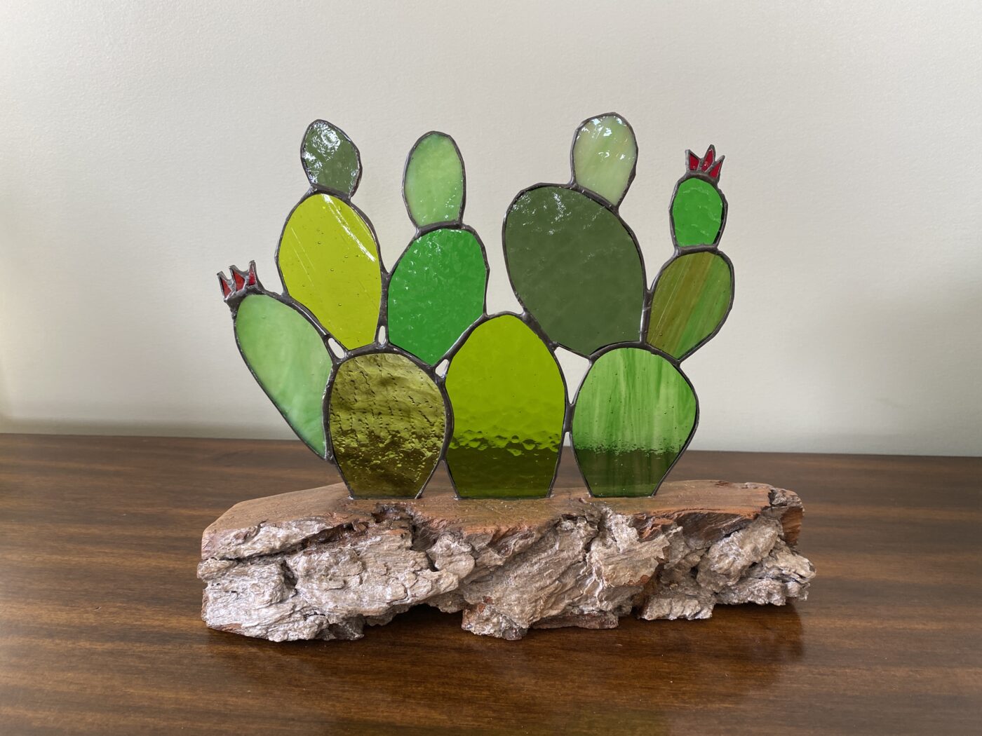Stained Glass Cactus Agave Succulent Panel Inlaid on Driftwood Base