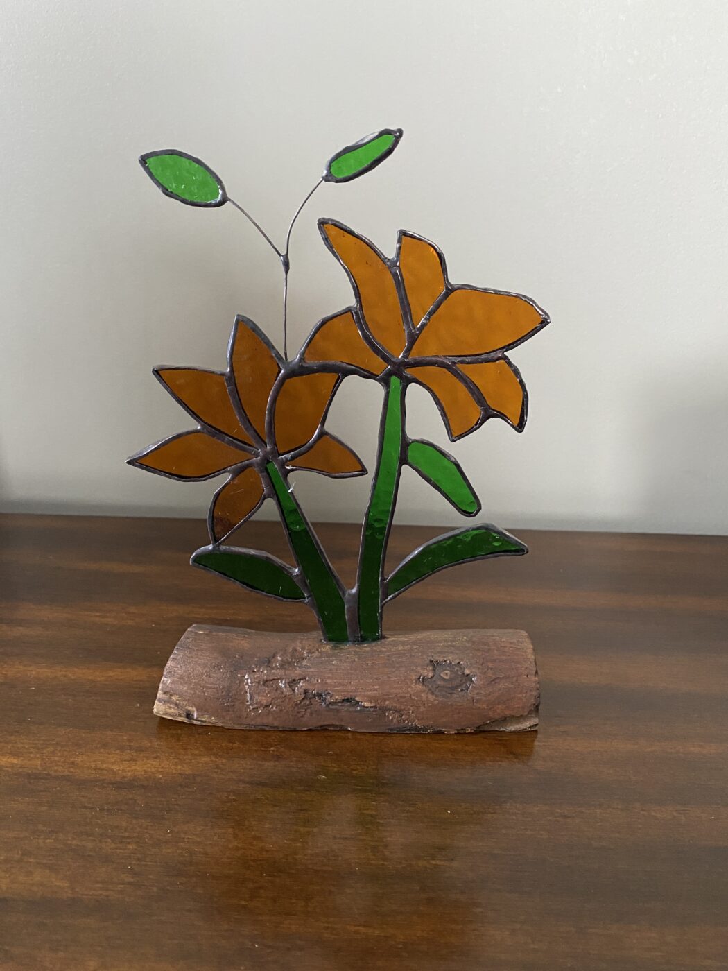 Stained Glass Lilies Inlaid on Driftwood Base - Orange