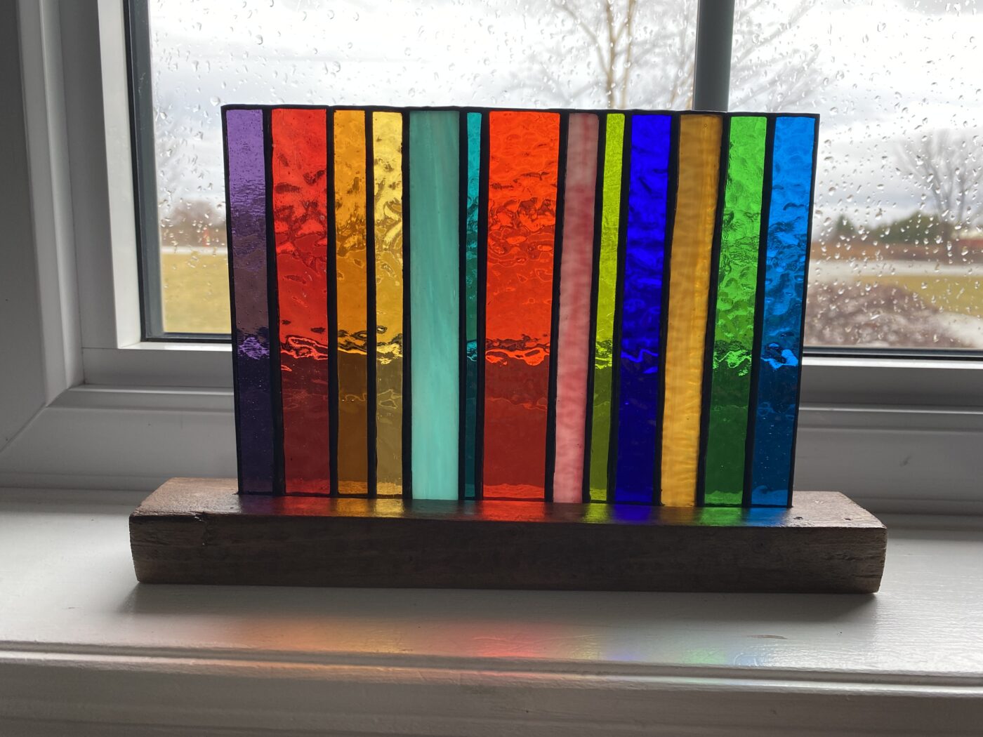 Stained Glass Lollipop Colours Geometric Panel Art Inlaid on Wood Base