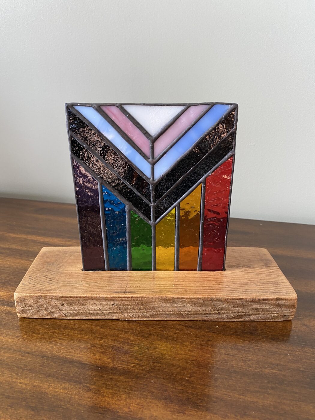 Stained Glass Rainbow Progress Pride Flag Panel Inlaid on Wood Base