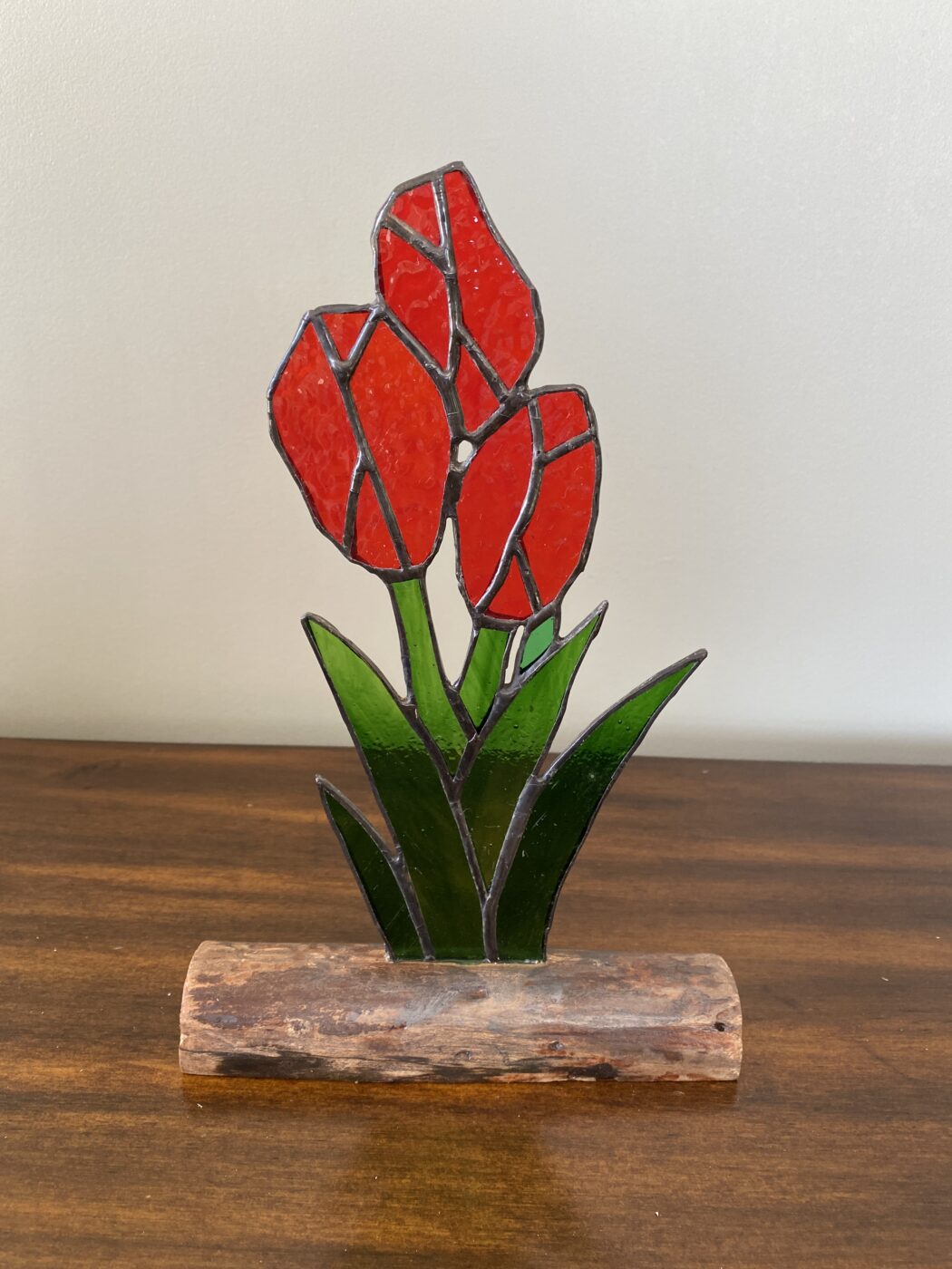 Stained Glass Tulip Bunch on Driftwood Base - Red
