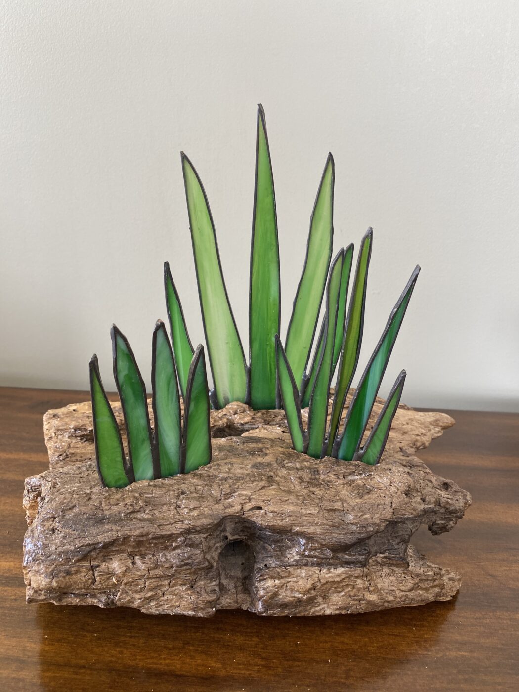 Stained Glass Cactus Succulents Centrepiece Inlaid on Driftwood Base