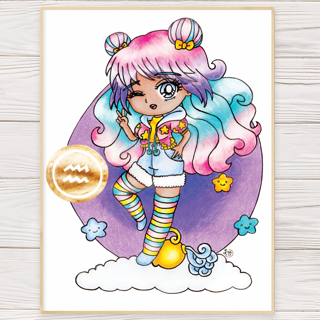 Aquarius girls art print with cartoon girl holding a gold coin, rainbow outfit, clouds