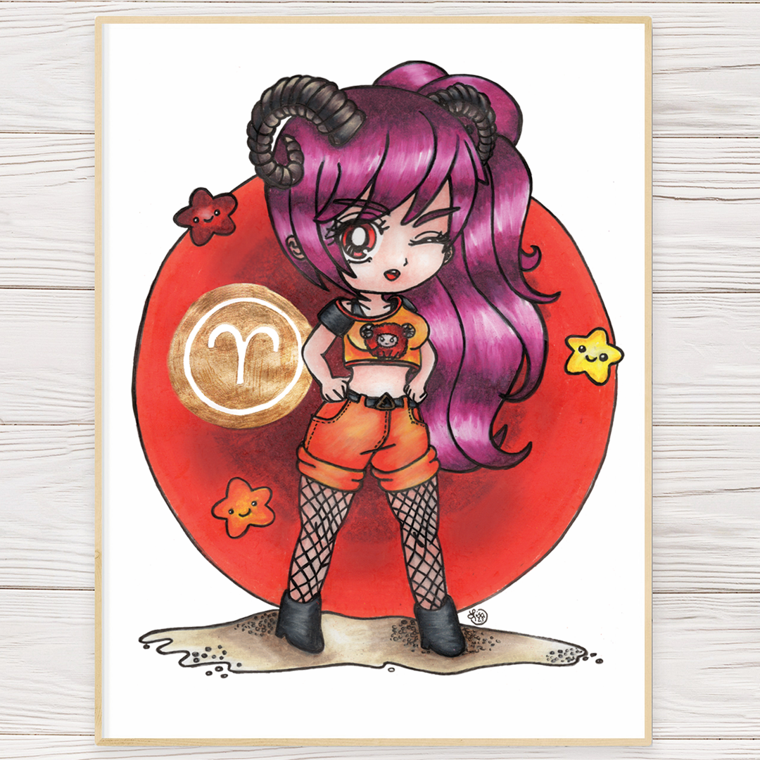 Aries art print of pink-haired cartoon girl holding orange cat, red zodiac emblem