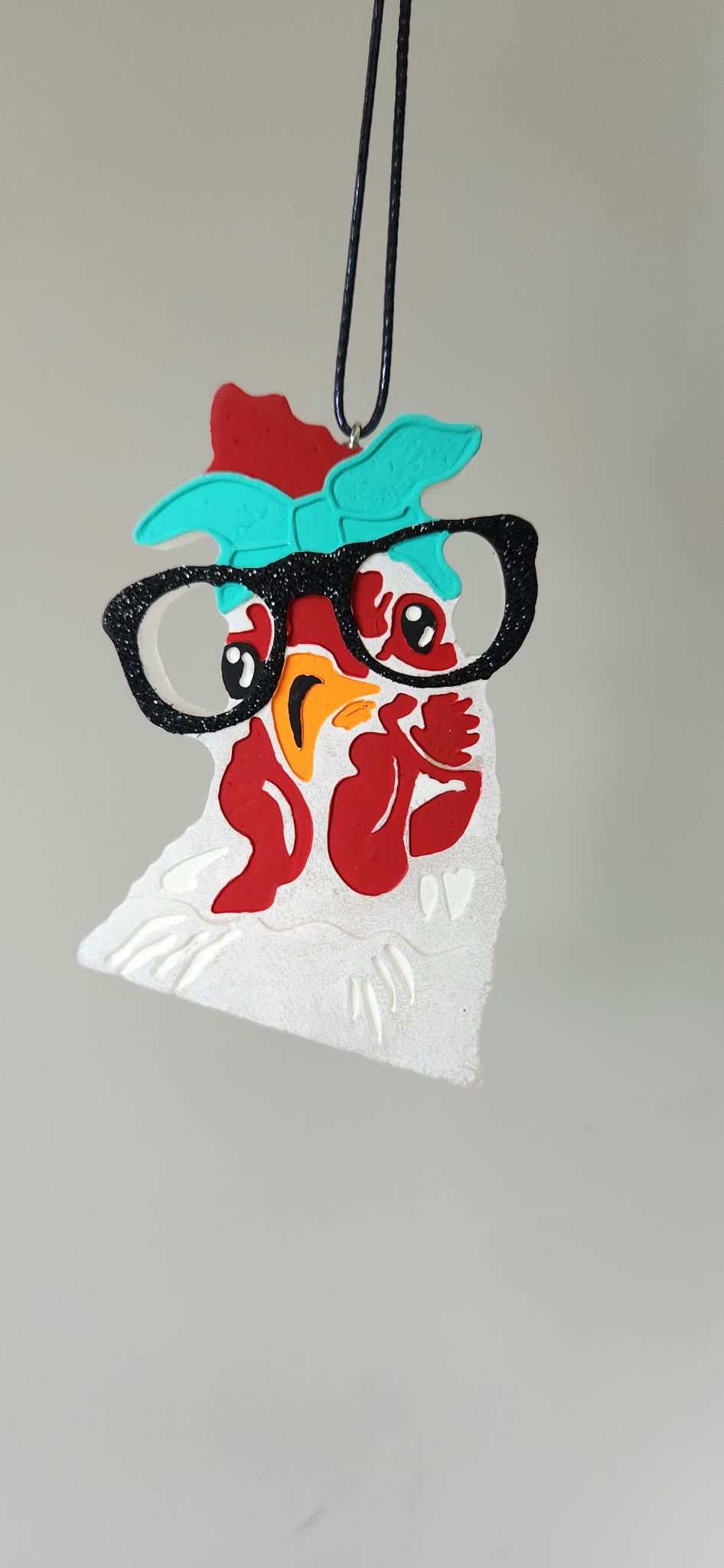 Cartoon chicken applique fabric pouch keychain with black beaded trim