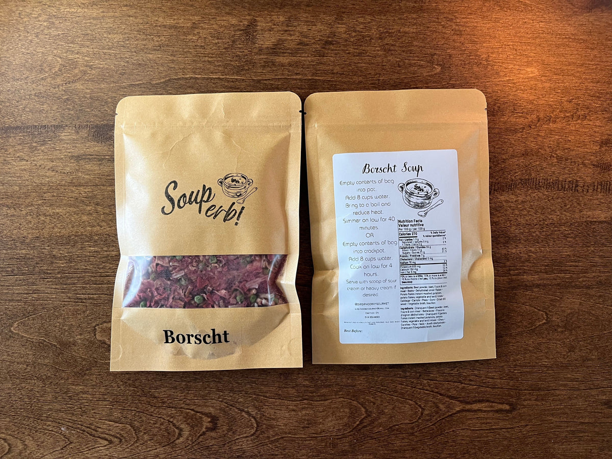 Borscht soup mix packets, two sealed kraft bags with front label and back instructions