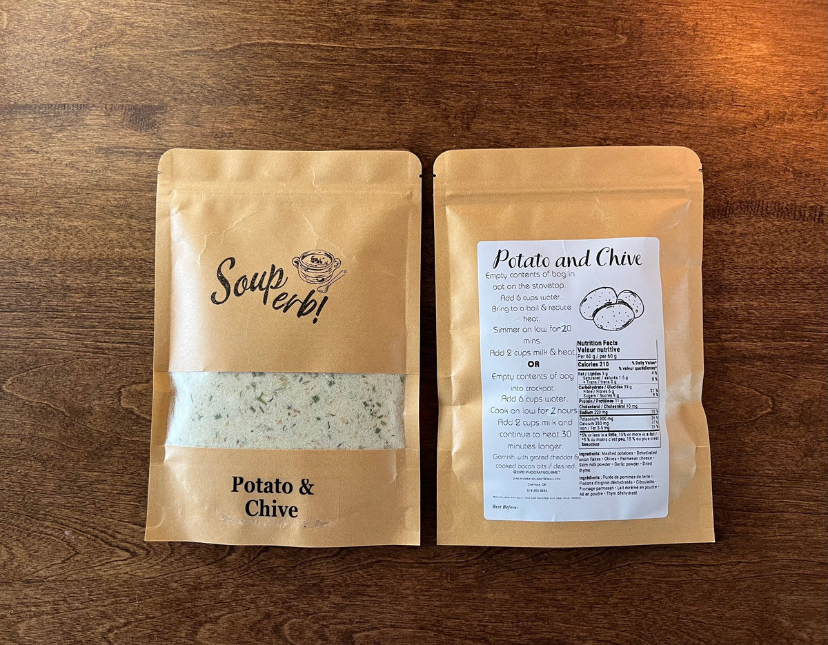Potato and chive soup mix in two labeled stand-up pouches, seal-top bags