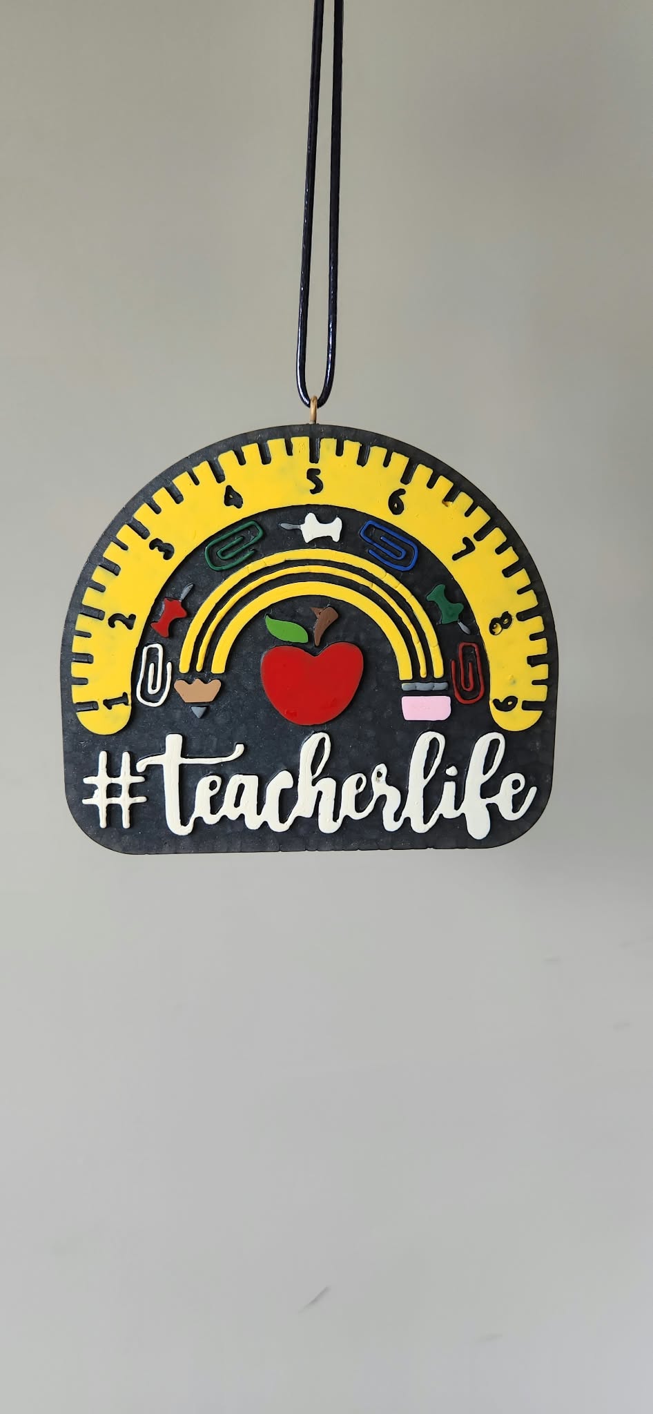 Teacher Life circular pendant with rainbow arc, red heart, and #TeacherLife design