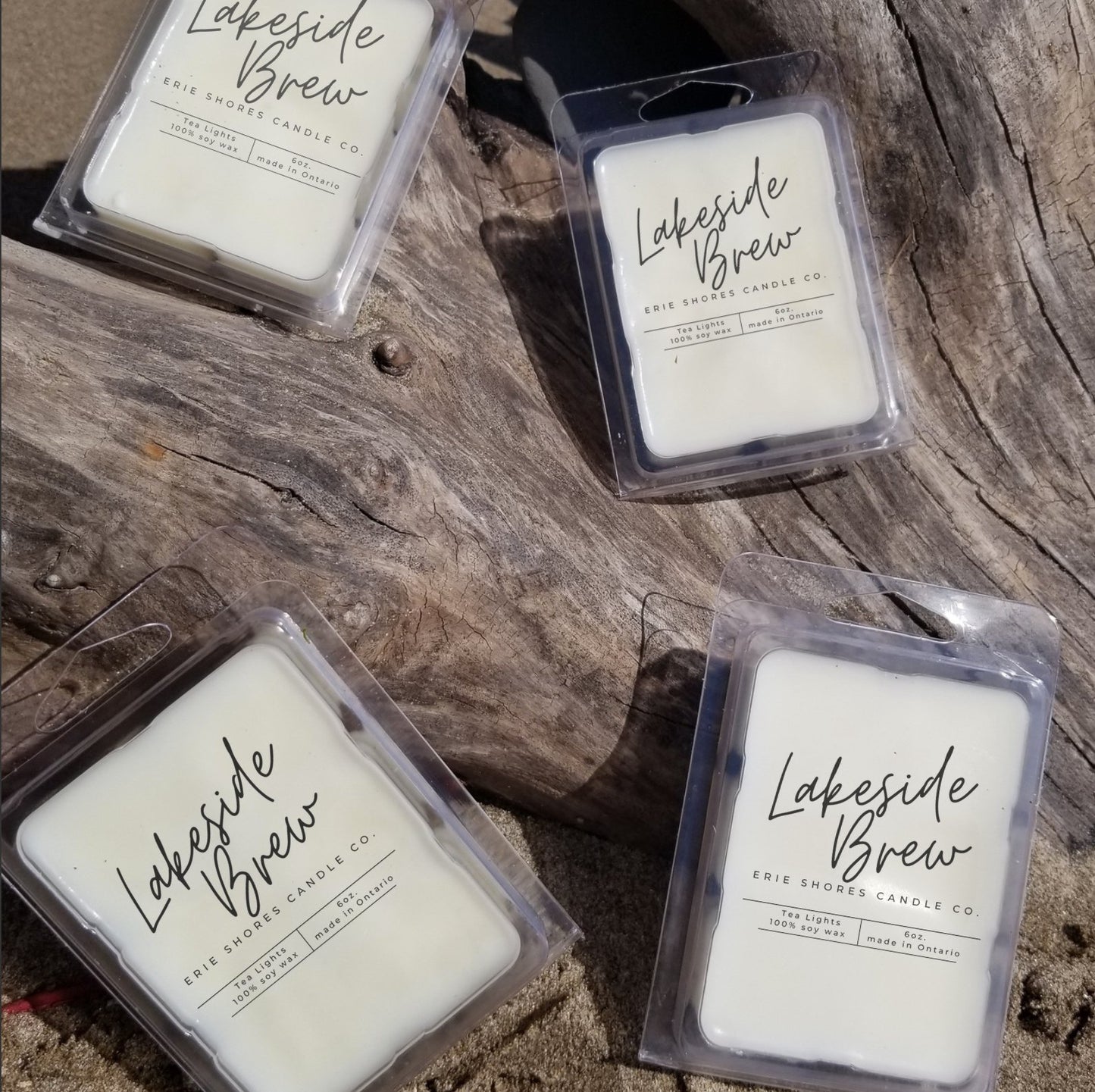Lakeside Brew wax melts in clear clamshells, square white wax with label