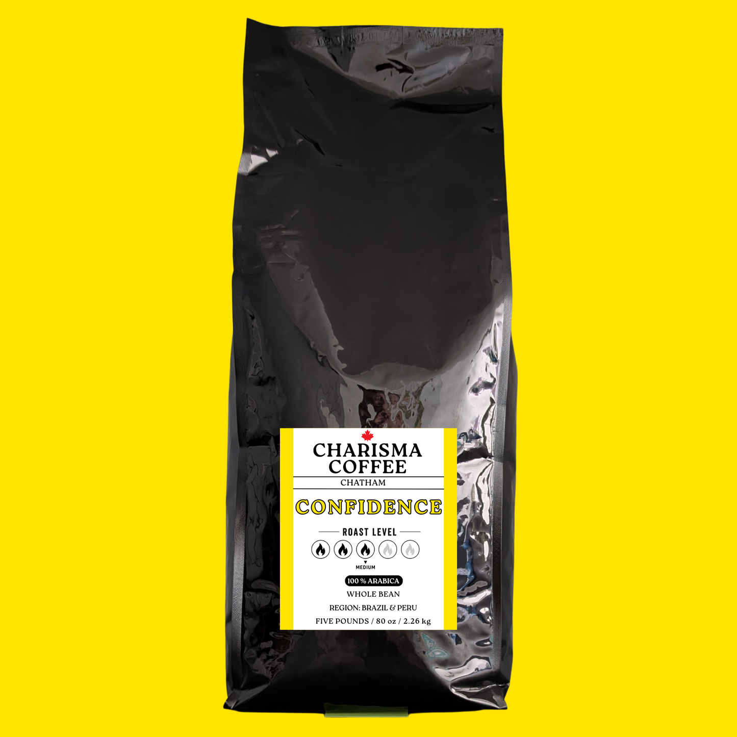 Black coffee bag with Charisma Coffee Confidence label, five pounds size