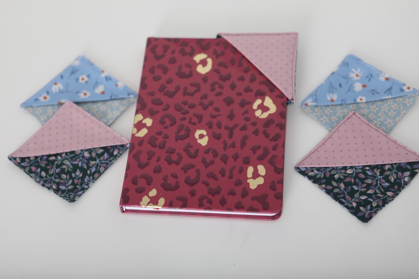 Fabric Corner Bookmark (Dark Blue and Pink Floral Pattern)
