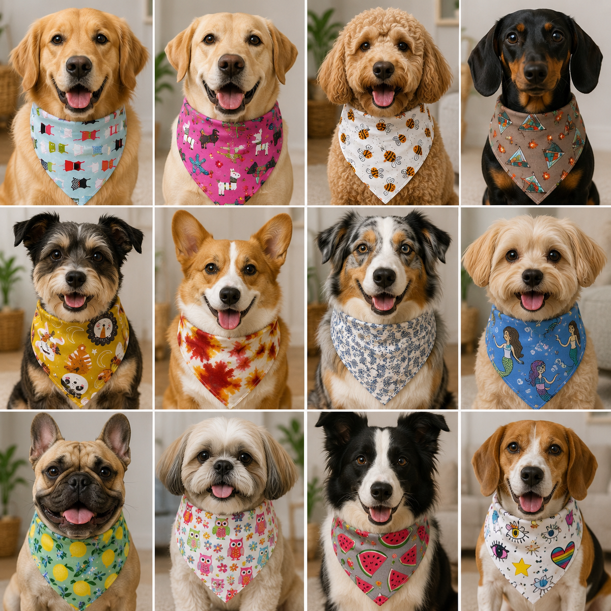 Colorful triangle dog bandanas with various prints shown on multiple dogs