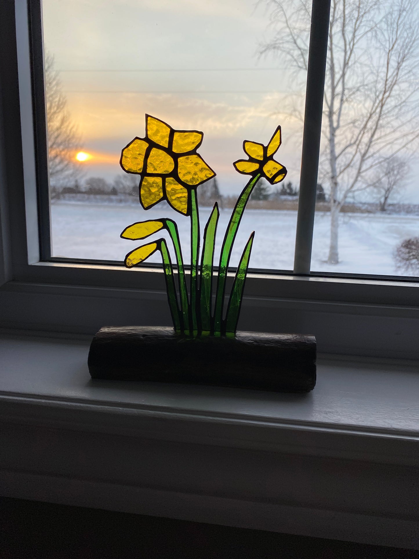 Stained Glass Daffodils Inlaid on Driftwood Base