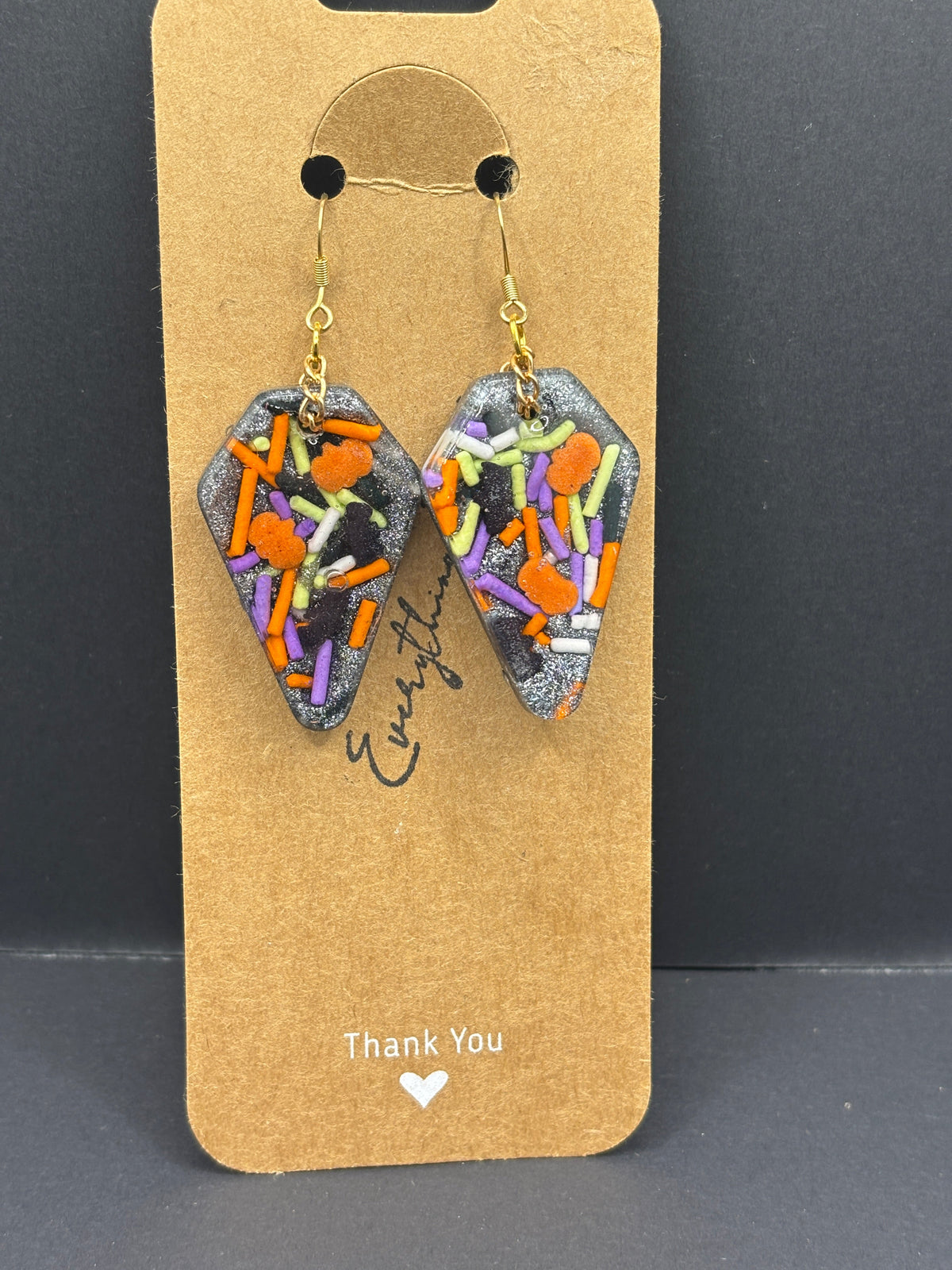 Halloween bat sprinkle earrings: glitter dark shapes, colorful sprinkles, gold hooks