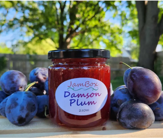 Damson plum jam jar, dark purple-red jam in glass bottle with black lid and blue label
