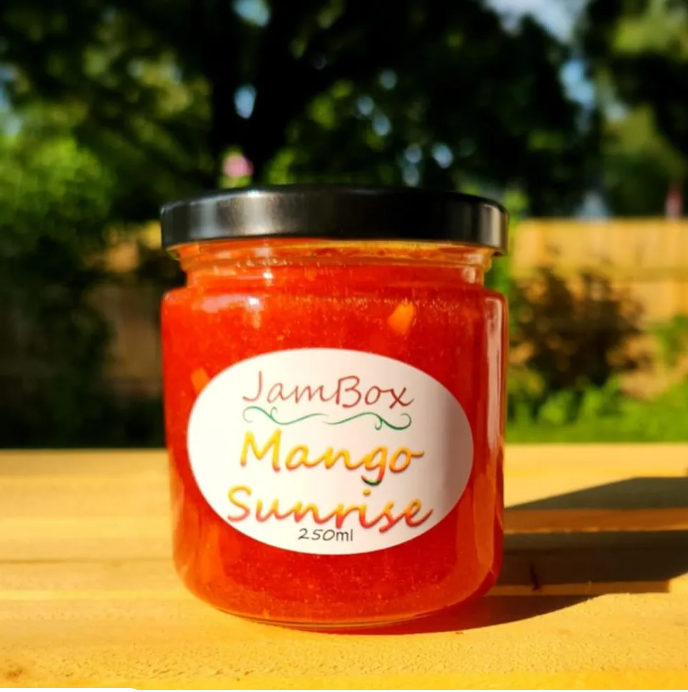 Mango sunrise jam jar with Mango Sunrise label, 250 mL
