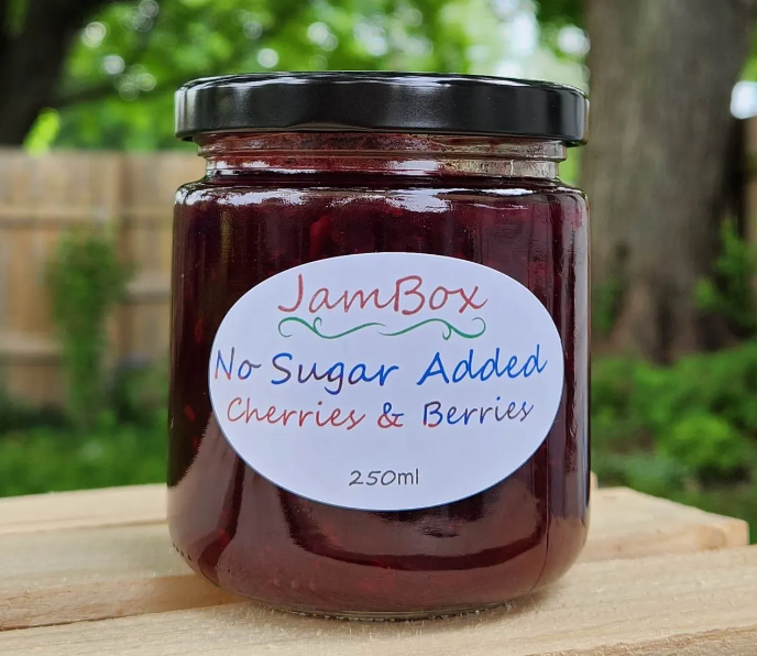 No sugar added cherries and berries jam in glass jar, 250 ml, round white label