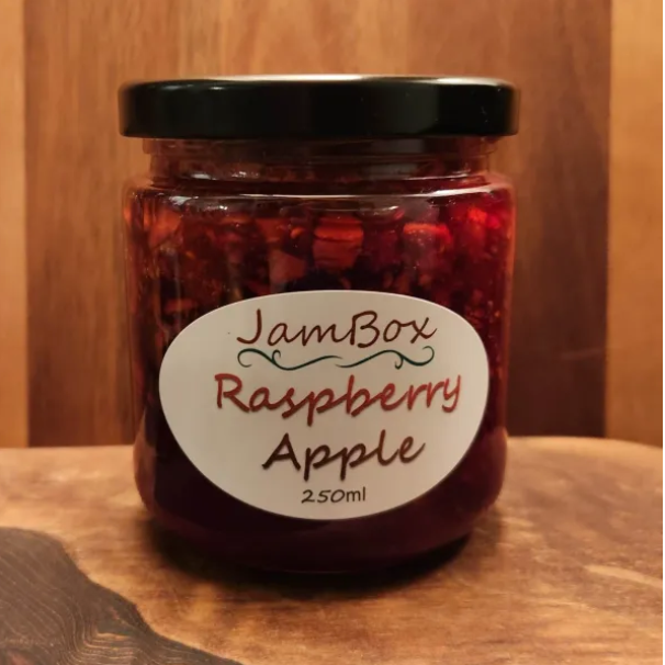 JamBox raspberry apple jam in a glass jar with black lid, 250 ml label