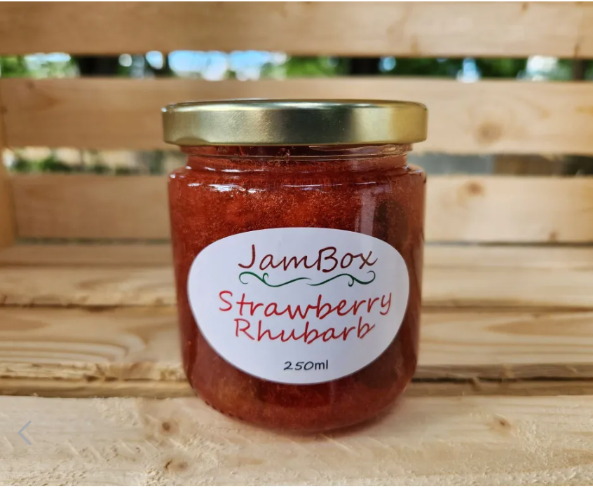 JamBox strawberry rhubarb jam in 250mL glass jar with gold lid