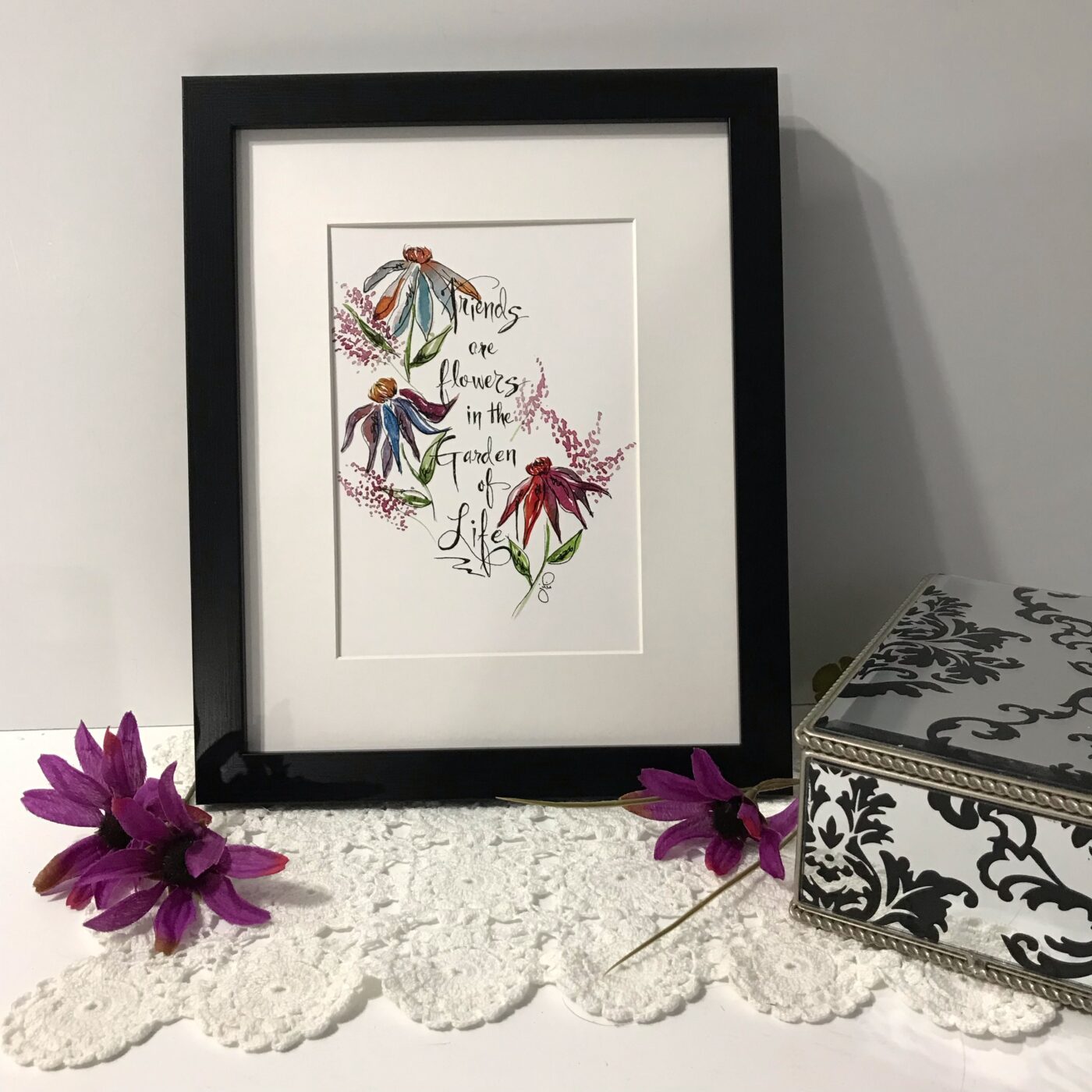 Framed floral quote wall art print with colorful flower and leaf illustration