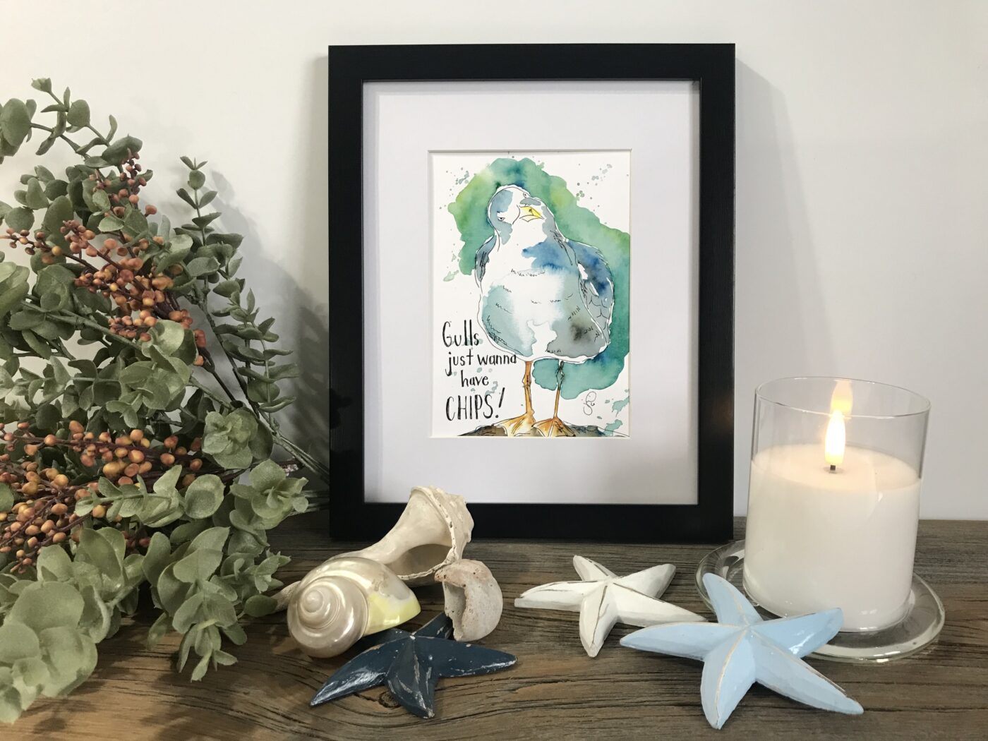 Framed seagull wall art print with teal watercolor bird and quote text
