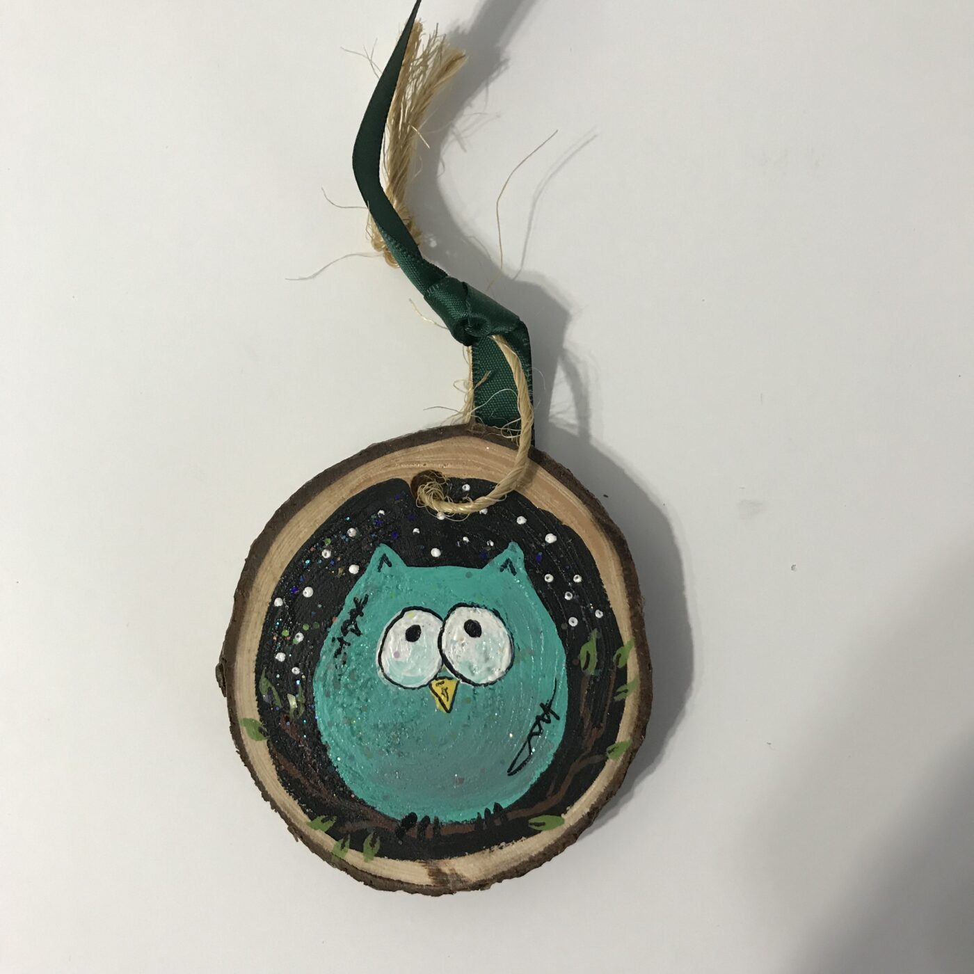 Hand Painted Wooden Ornament – Green Owl