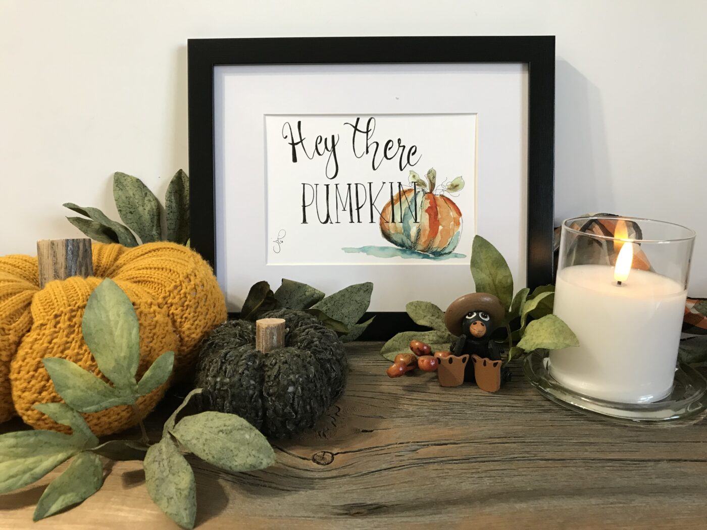 Framed pumpkin greeting art print with 'Hey There Pumpkin' text and watercolor pumpkin