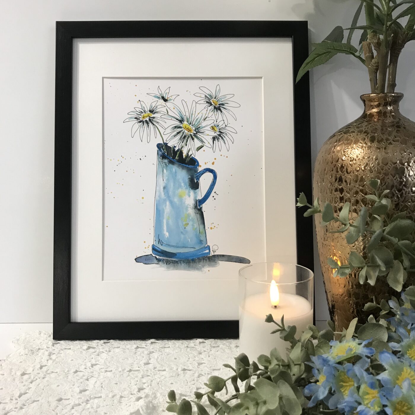 Pitcher Of Blue Daisies