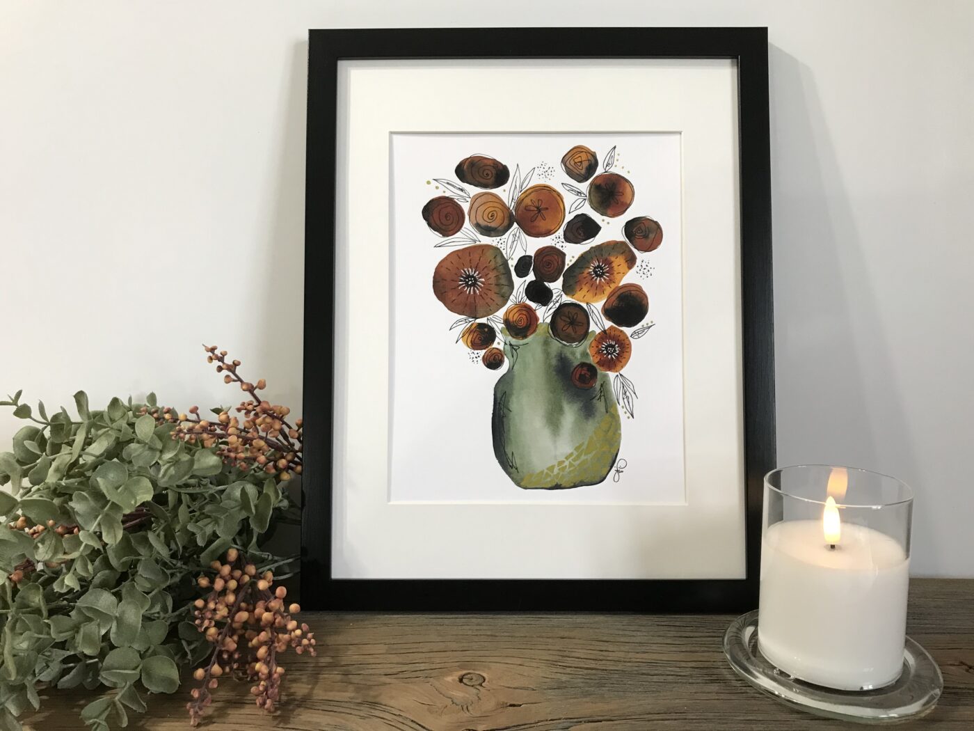 Framed floral bouquet wall art with round blooms in a pale green vase