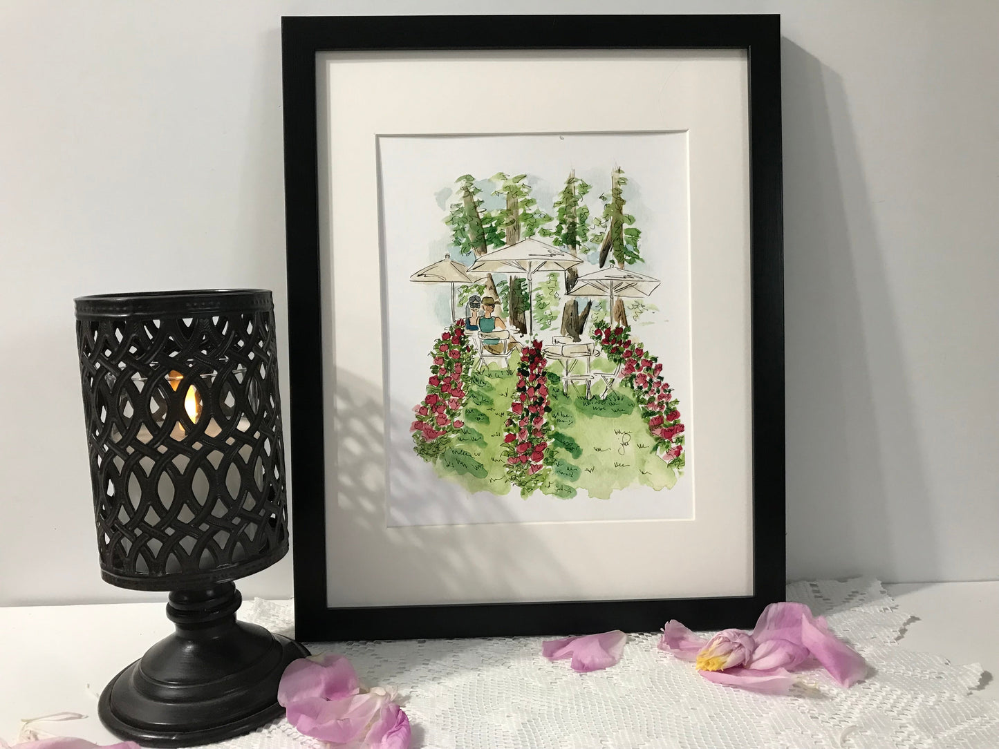 Framed peonies floral table-for-two print with flower garlands and greenery, black frame