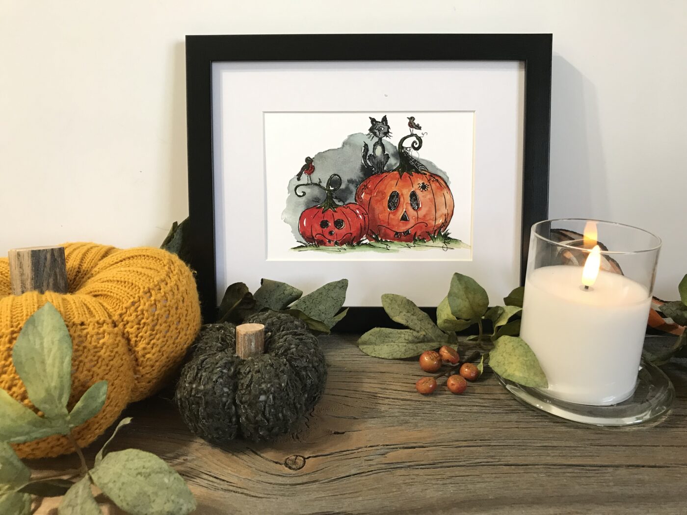 Framed illustration print with ladybugs and pumpkins, titled Whiskers in the Patch