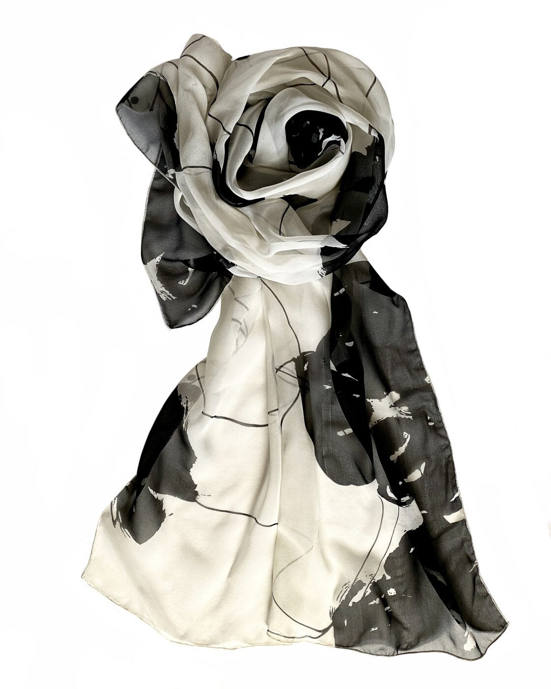 White and Black Patterned Silk Scarf