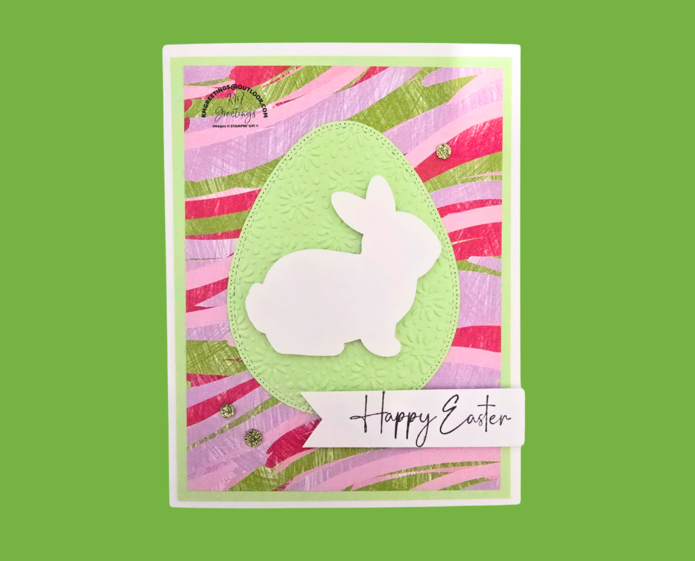 “Happy Easter” (white bunny on green Easter egg) Greeting Card