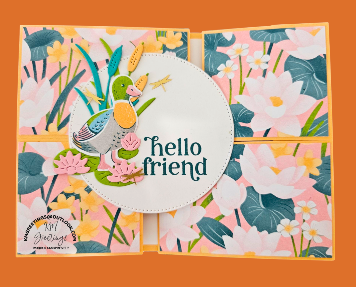 Hello Friend (Duck with Pink Lilies & Dragonflies) Greeting Card
