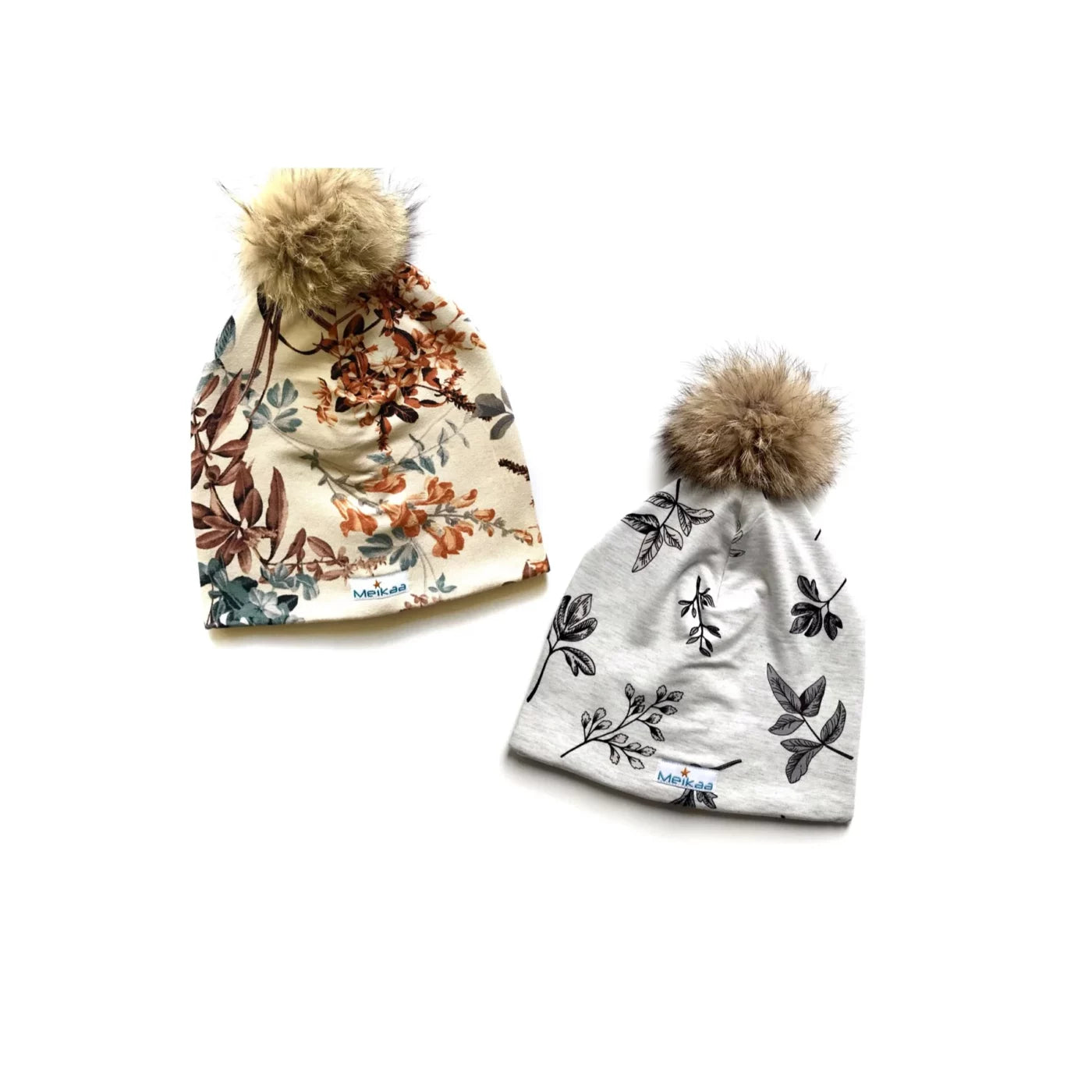 Winter Bamboo Floral Hat with Recycle Fur Pompom