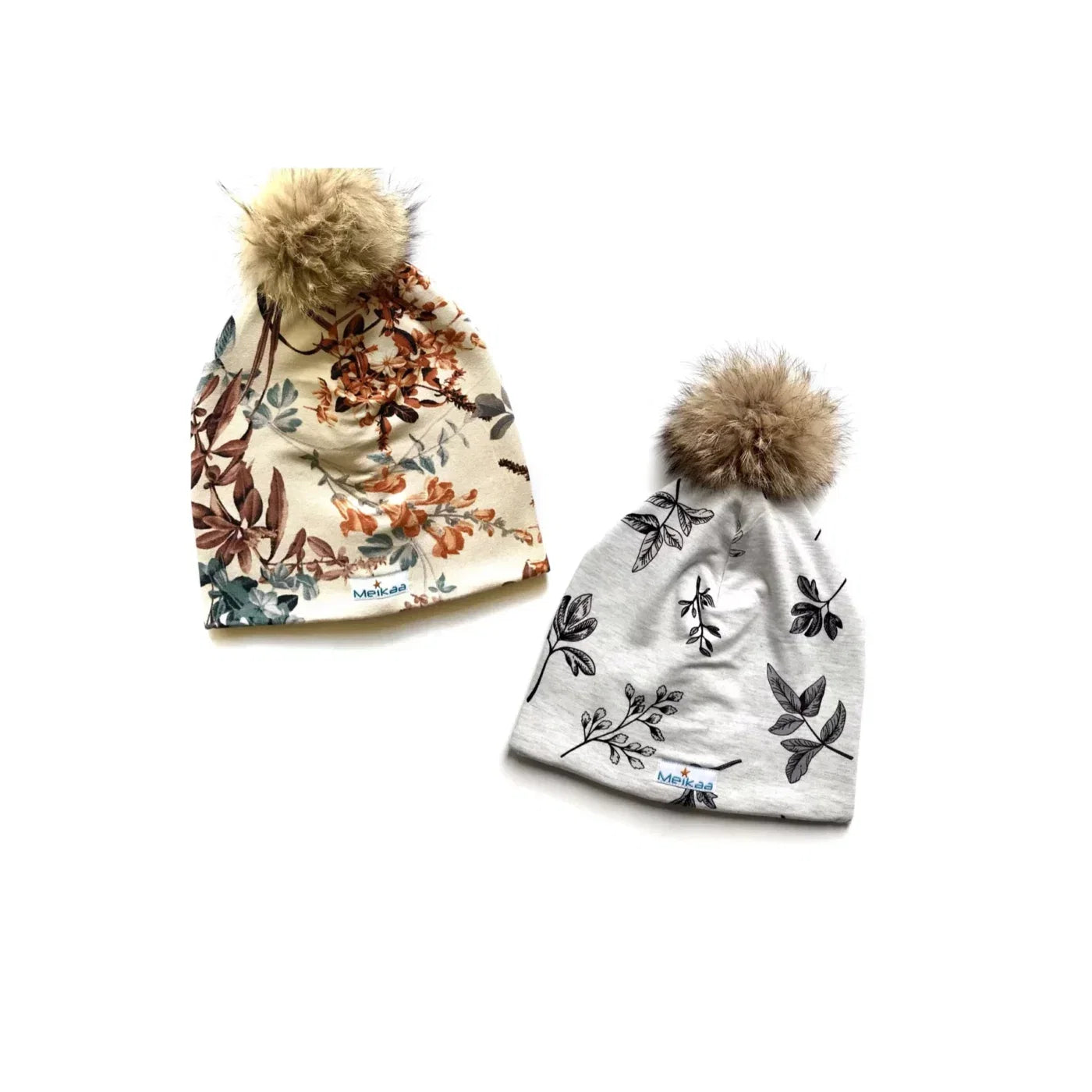 Floral knit beanies with faux-fur pom-poms, grey and rust designs