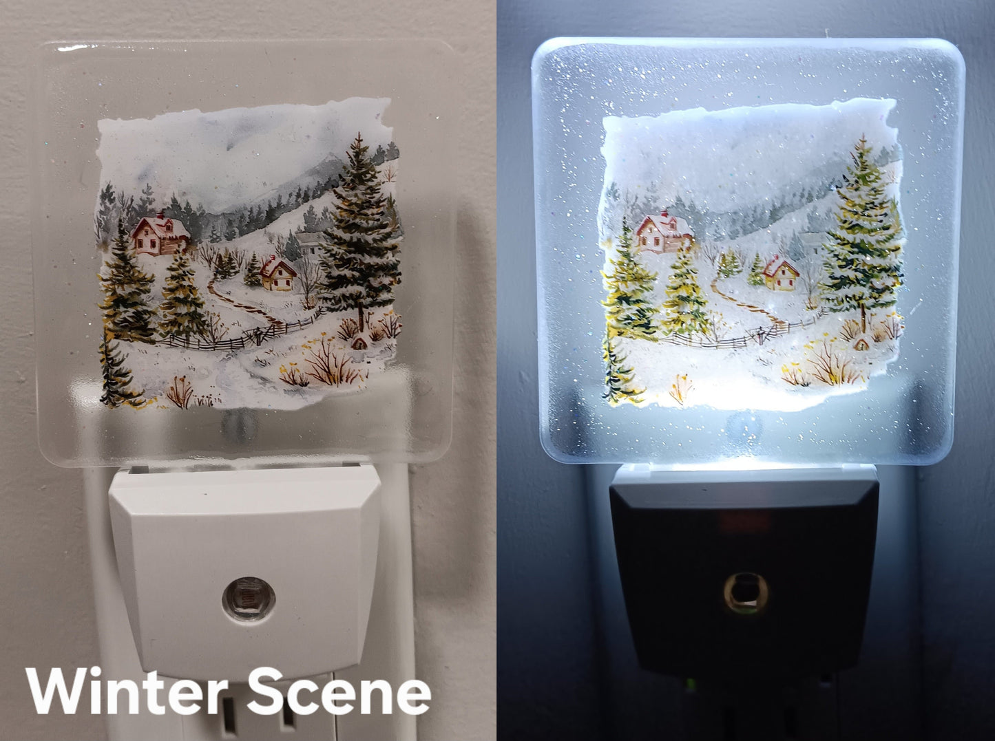 Winter scene nightlight with snowy village and pine trees on a glass panel.