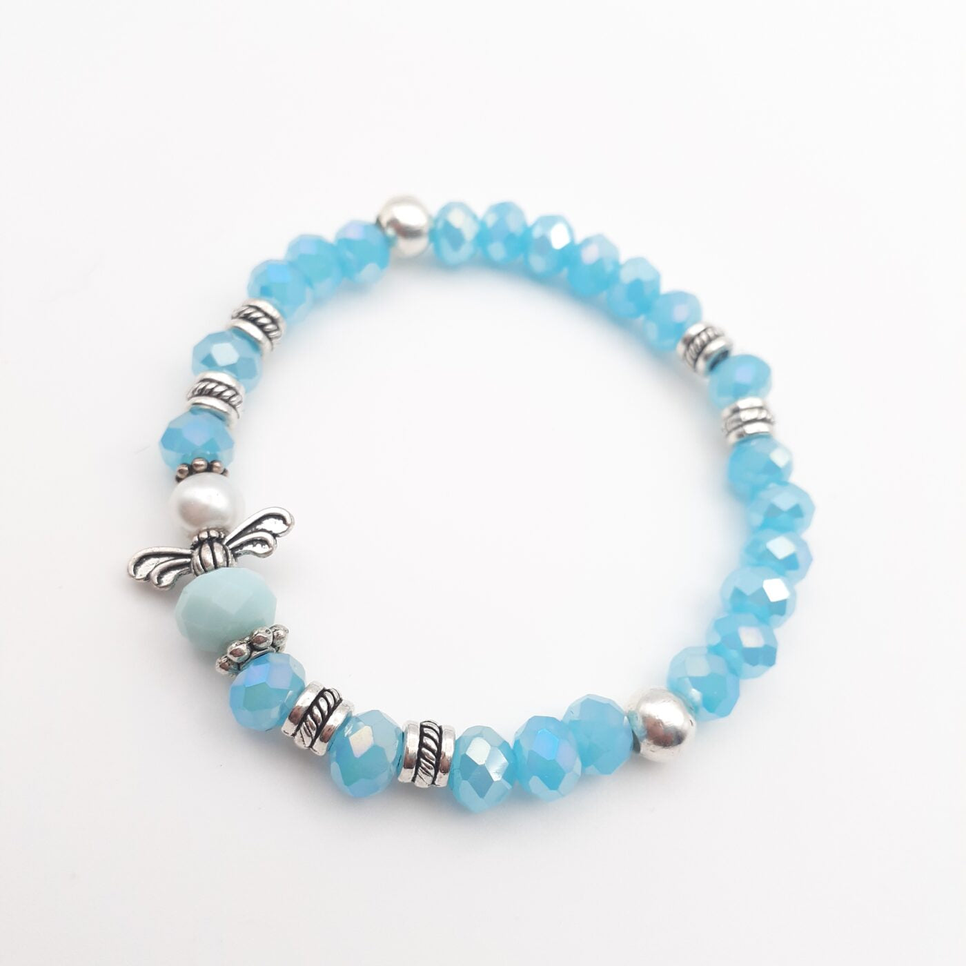 Angel Stretch Bracelet with Faceted Aquamarine Blue Crystal Beads