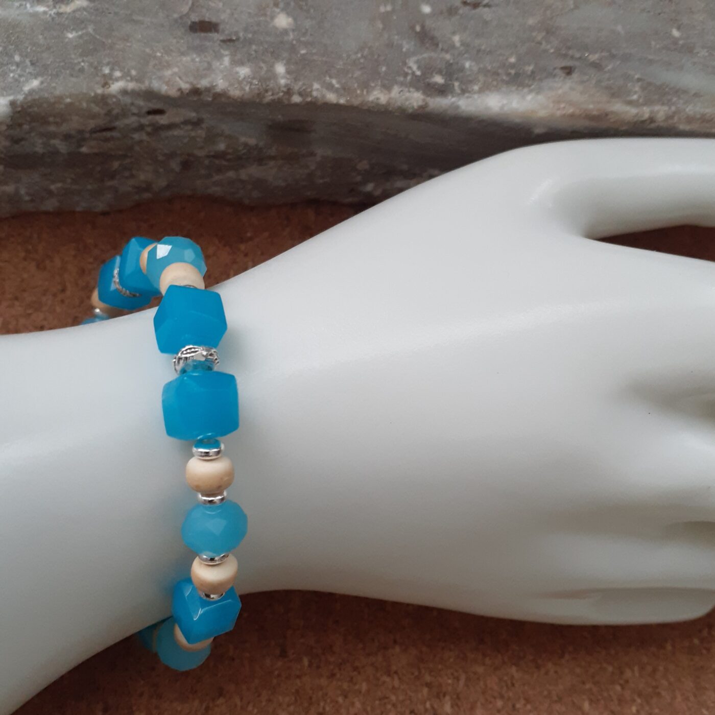 Aqua Dream Stretch Bracelet with Czech Glass Cube Beads and Tiny Silver and Wood Beads