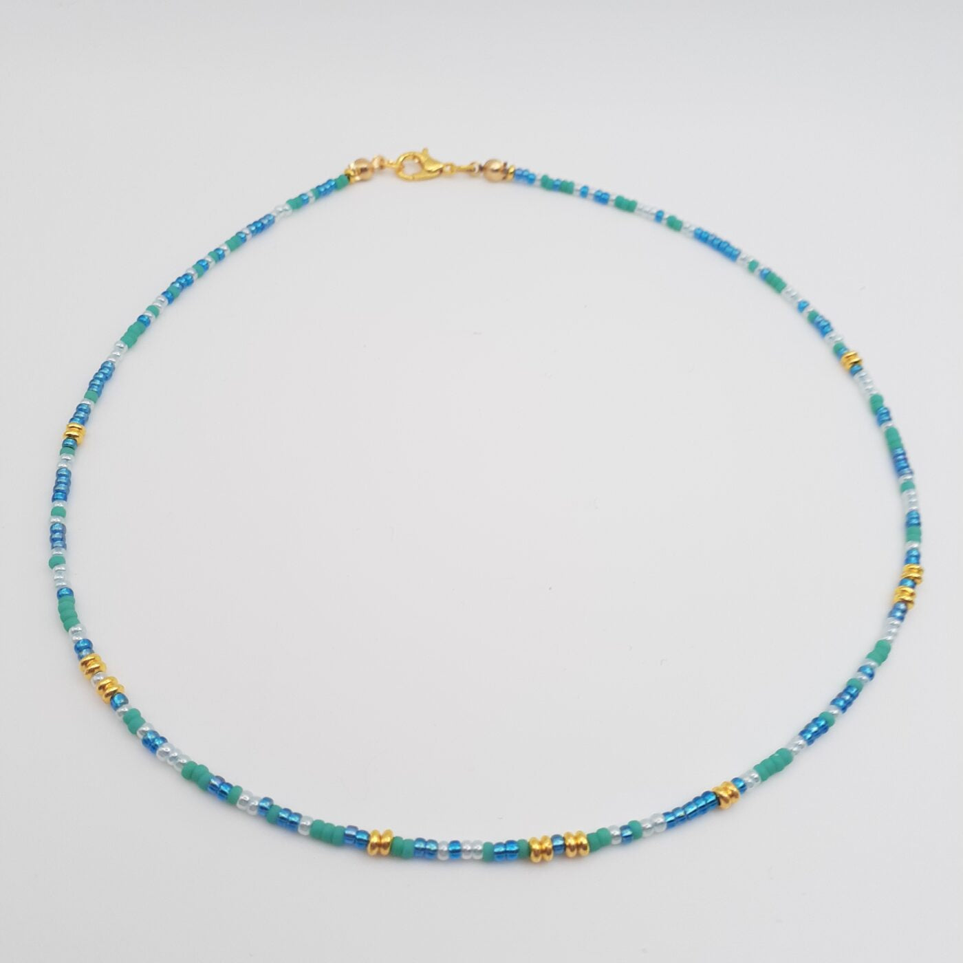 Blue and Gold Miyuki Glass Seed Bead Thin Minimalist style Short Necklace 16 inches