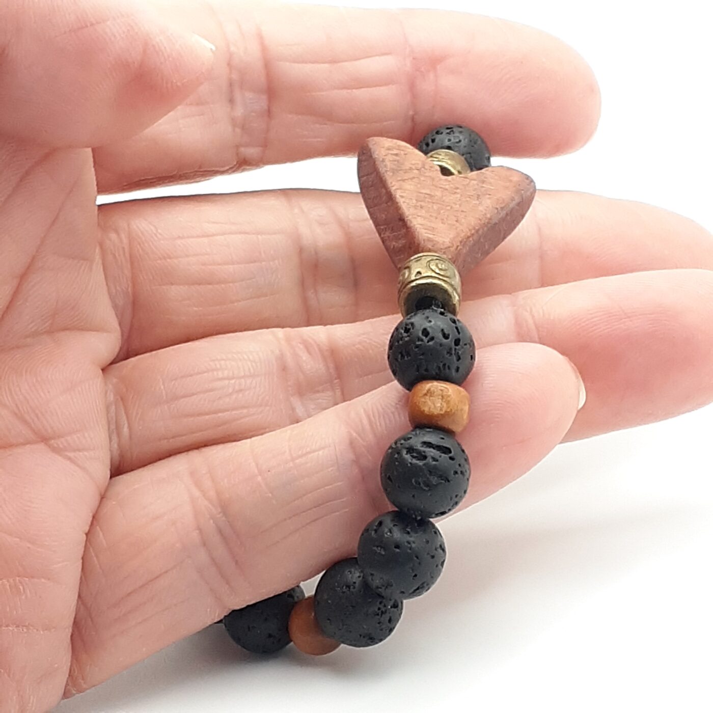 Carved Rustic Wooden Focal Pendant Black Lava Stone Stretch Bracelet
