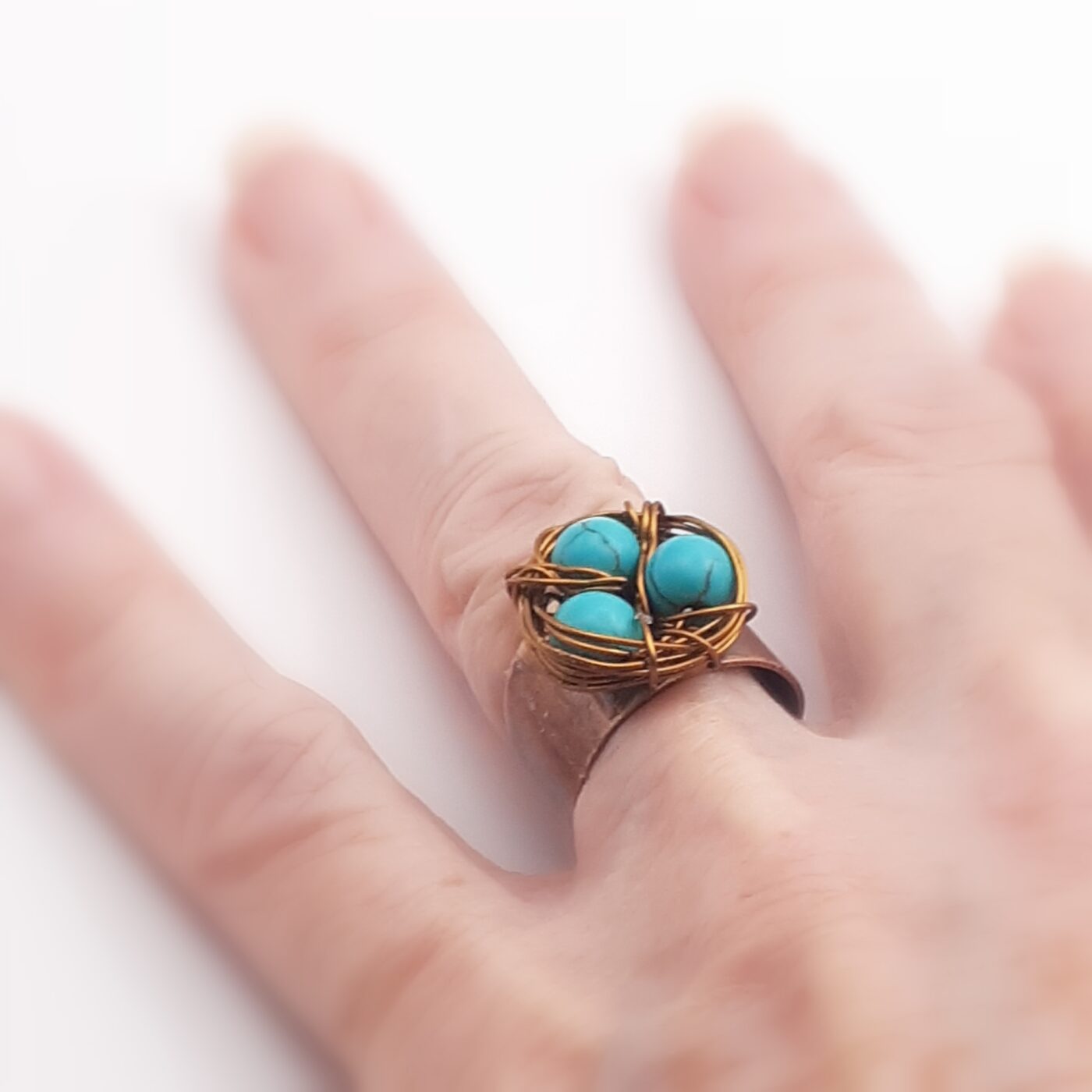 Copper Bird Nest Ring Wire Wrapped with Turquoise Howlite Beads Adjustable Wide Band