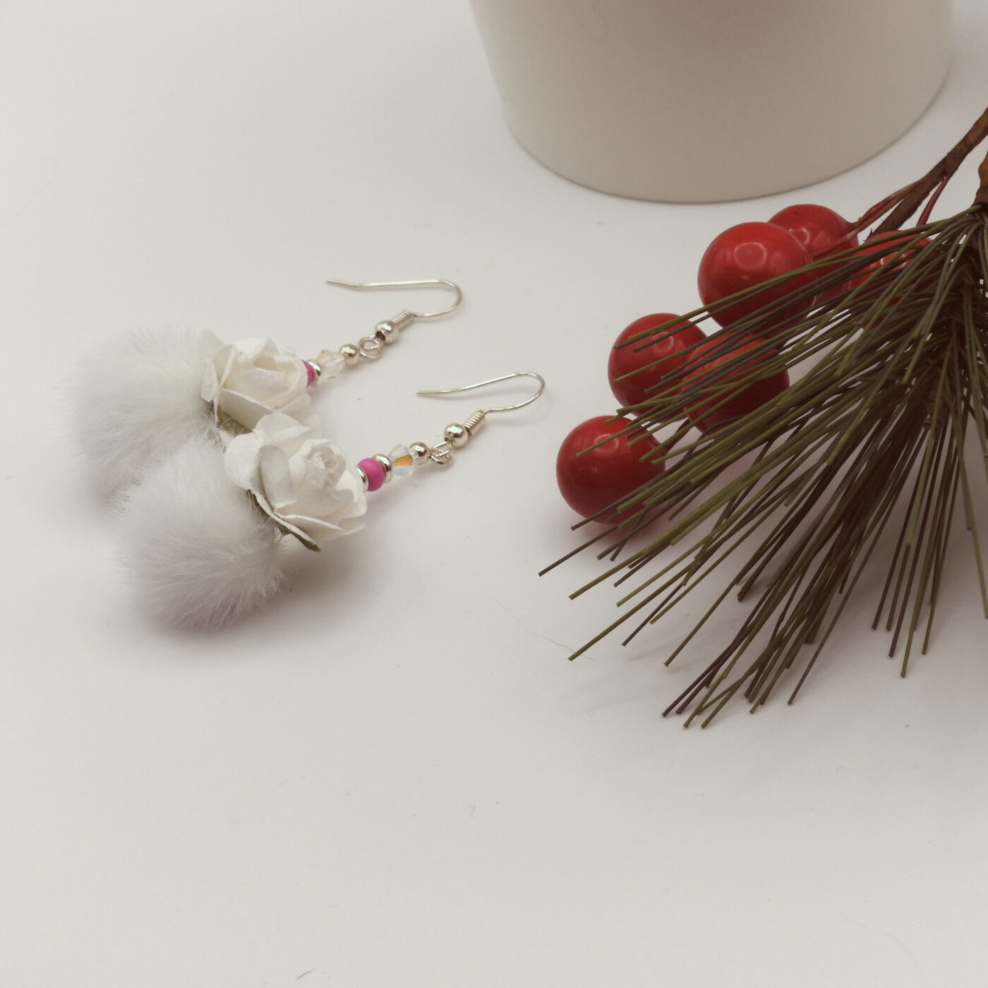 Elegant Faux Fur Paper White Rose Earrings