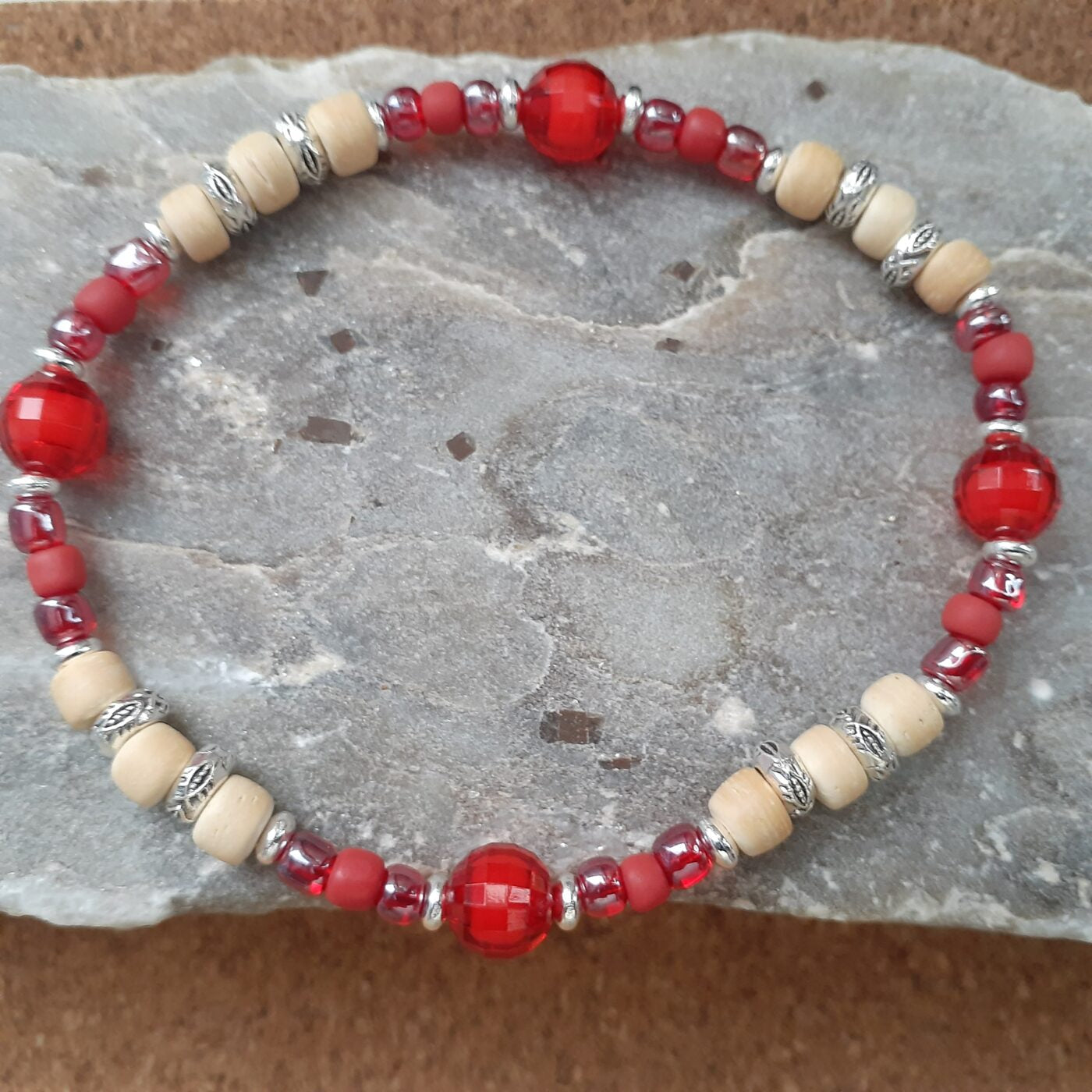 Elemental Red Stretch Bracelet with Red Glass and Acrylic Beads and Tiny Silver and Wood Beads