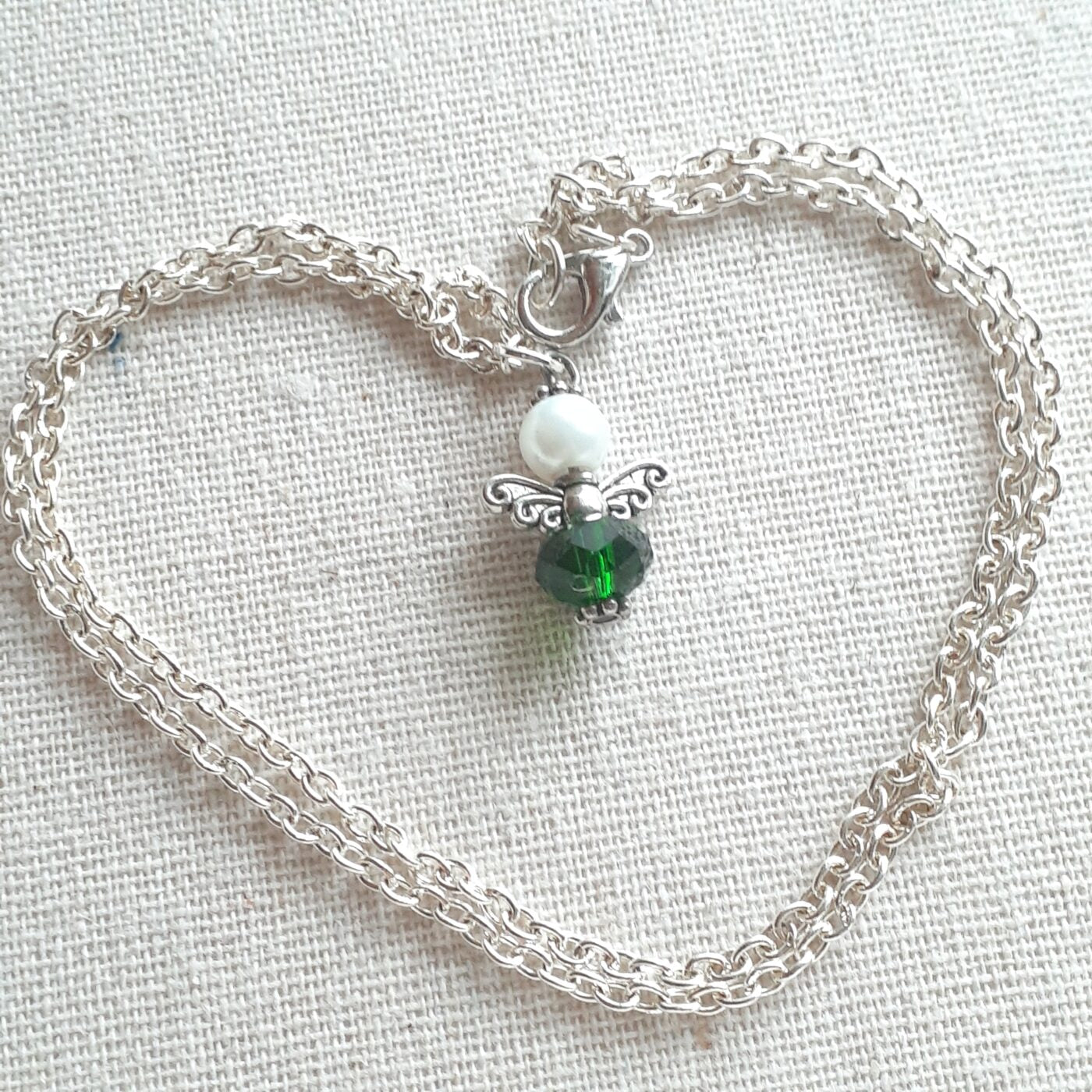 Faceted Emerald Czech Crystal and Pearl Tiny Guardian Angel Charm on a Sterling Silver Thin Chain Necklace