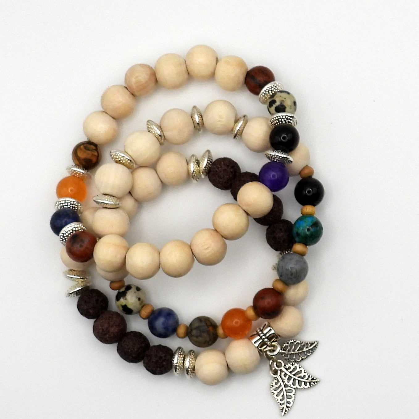 Gemstones and Raw Wood Beaded Naturalised 3 Piece Stretch Bracelet Set